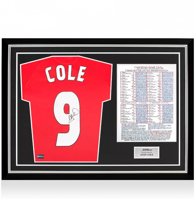 icons Andy Cole Back Signed Manchester United 1999 UEFA Champions League Home Shirt In Commentary Chart Frame