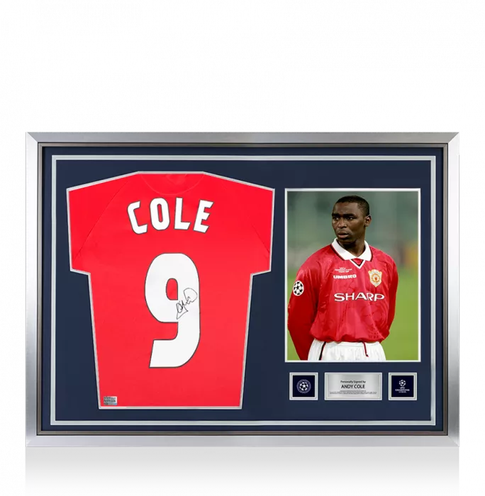 icons Andy Cole Official UEFA Champions League Back Signed and Hero Framed Manchester United 1999 Home Shirt With Fan Style Numbers