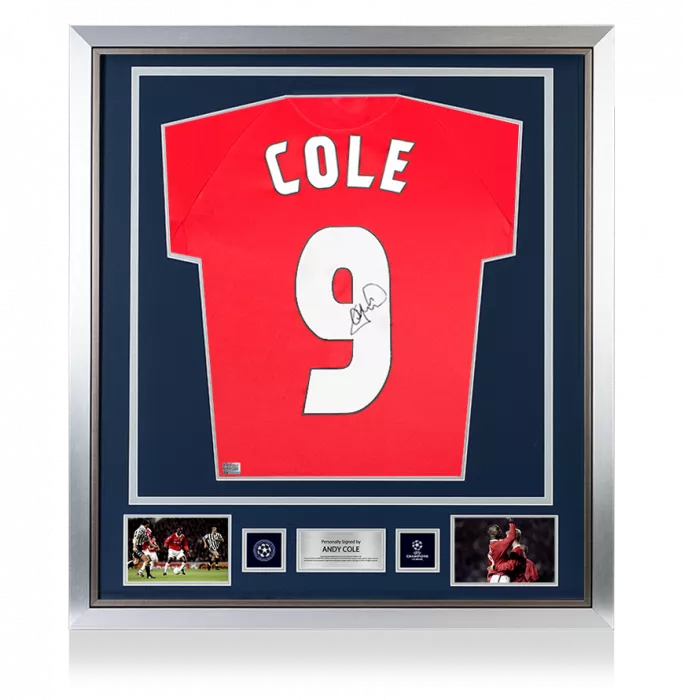 icons Andy Cole Official UEFA Champions League Back Signed and Framed Manchester United 1999 Home Shirt With Fan Style Numbers