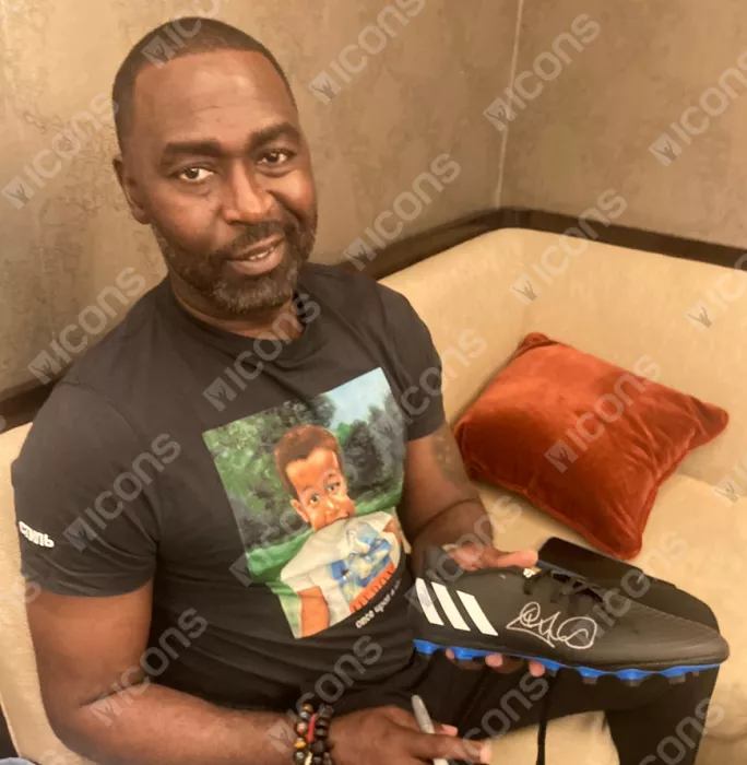 Icons Andy Cole Signed Black And Blue Adidas Boot In Bubble Frame: Option 1