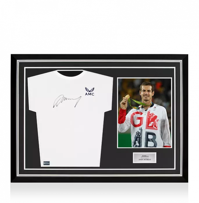 icons Andy Murray Signed White Castore AMC Tennis Shirt In Hero Frame: Option 2