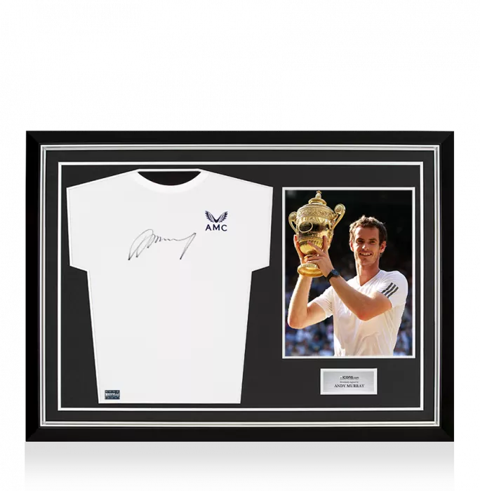 icons Andy Murray Signed White Castore AMC Tennis Shirt In Hero Frame: Option 1