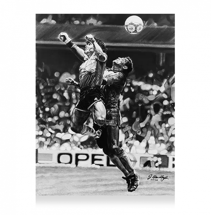 Icons ARTIST SIGNED Diego Maradona Tribute Artwork In Black Wooden Frame: Iconic Hand Of God Goal