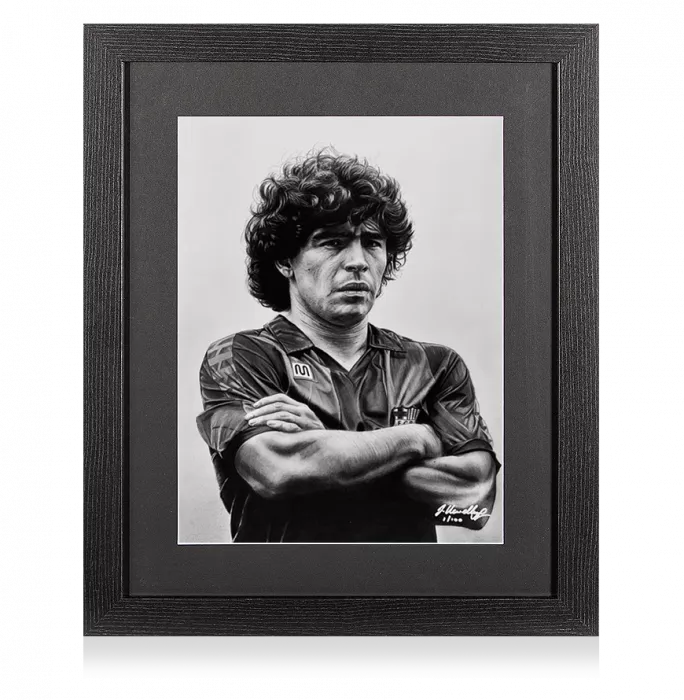 icons ARTIST SIGNED Diego Maradona Tribute Artwork In Black Wooden Frame: FC Barcelona Icon