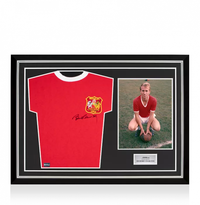 icons Bobby Charlton Front Signed Manchester United Home Shirt: 1963 FA Cup Final Edition In Hero Frame: Option 1