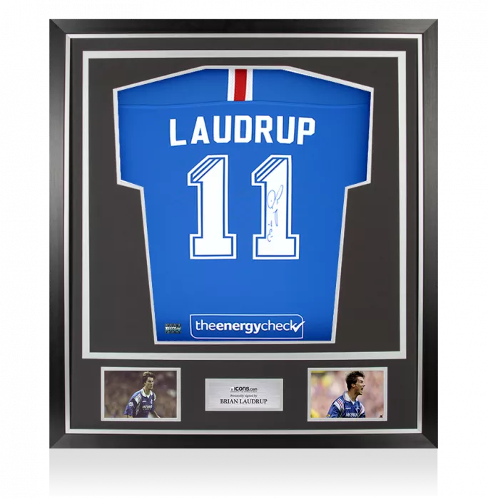 icons Brian Laudrup Back Signed Rangers 2020-21 Home Shirt - Signed on Right Hand Number In Classic Frame