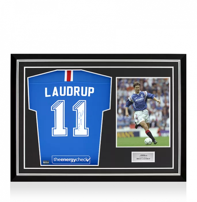 icons Brian Laudrup Back Signed Rangers 2020-21 Home Shirt - Signed on Right Hand Number In Hero Frame: Option 1