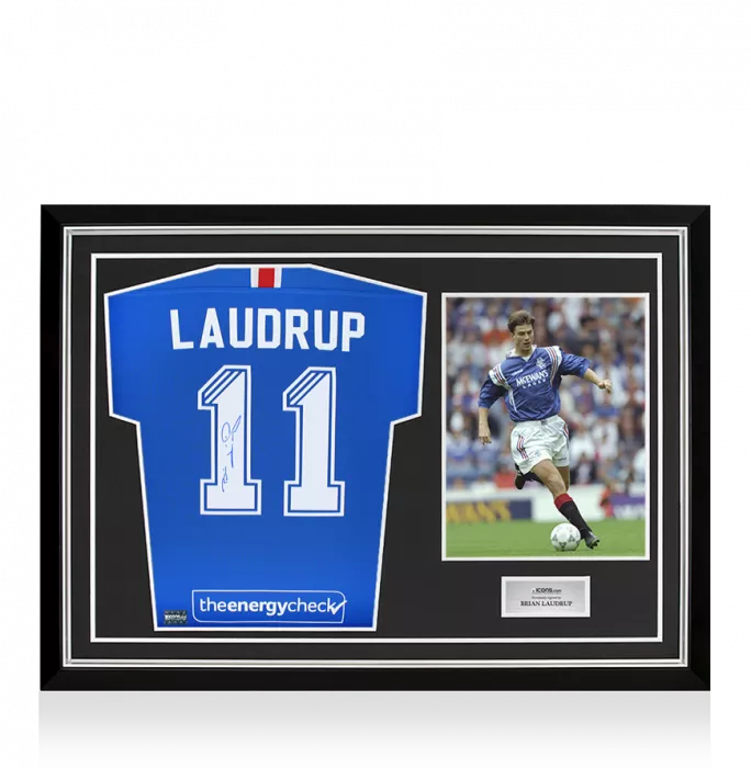 Icons Brian Laudrup Back Signed Rangers FC 2019-20 Home Shirt In Hero Frame: Option 1