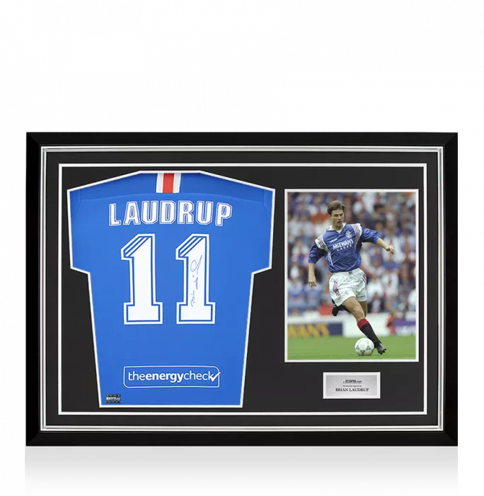 icons Brian Laudrup Back Signed Rangers FC 2020-21 Home Shirt In Hero Frame: Option 1