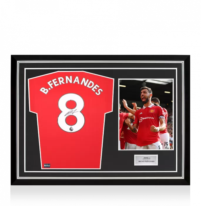 icons Bruno Fernandes Back Signed Manchester United 2022-23 Home Shirt In Hero Frame: Option 1