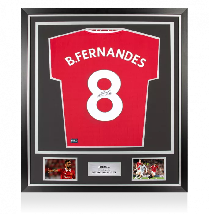 icons Bruno Fernandes Back Signed Manchester United 2022-23 Home Shirt With Fan Style Number In Classic Frame