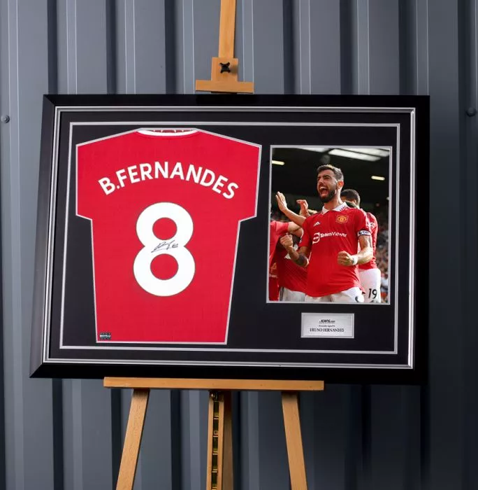 Icons Bruno Fernandes Back Signed Manchester United 2022-23 Home Shirt With Fan Style Number In Hero Frame: Option 1