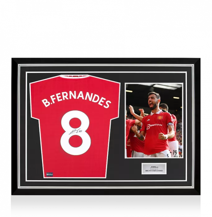icons Bruno Fernandes Back Signed Manchester United 2022-23 Home Shirt With Fan Style Number In Hero Frame: Option 1