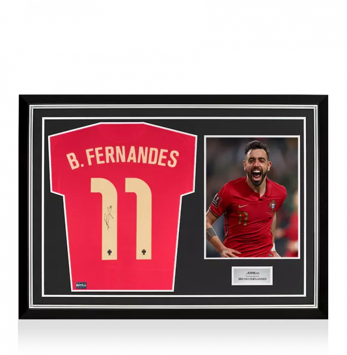 icons Bruno Fernandes Back Signed Portugal 2020-21 Home Shirt In Hero Frame: Option 1