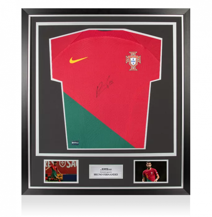 icons Bruno Fernandes Front Signed Authentic Portugal 2022 Home Shirt In Hero Frame: Option 1