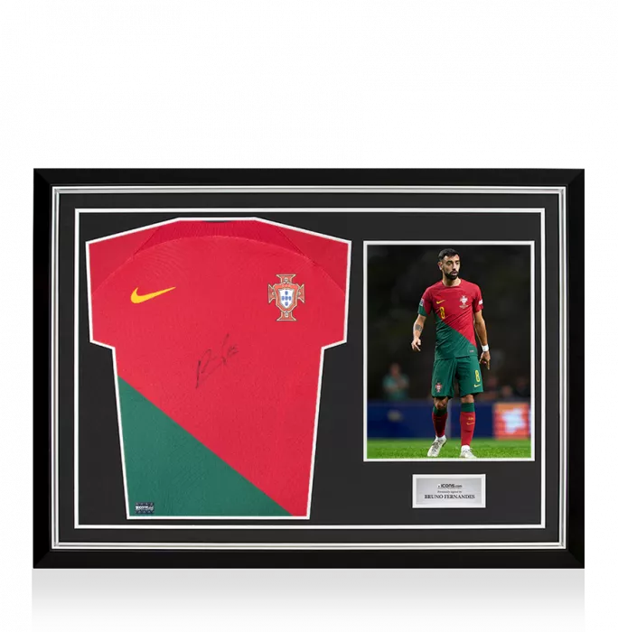 icons Bruno Fernandes Front Signed Authentic Portugal 2022 Home Shirt In Classic Frame