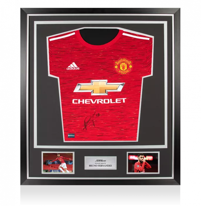 icons Bruno Fernandes Front Signed Manchester United 2020-21 Home Shirt In Classic Frame