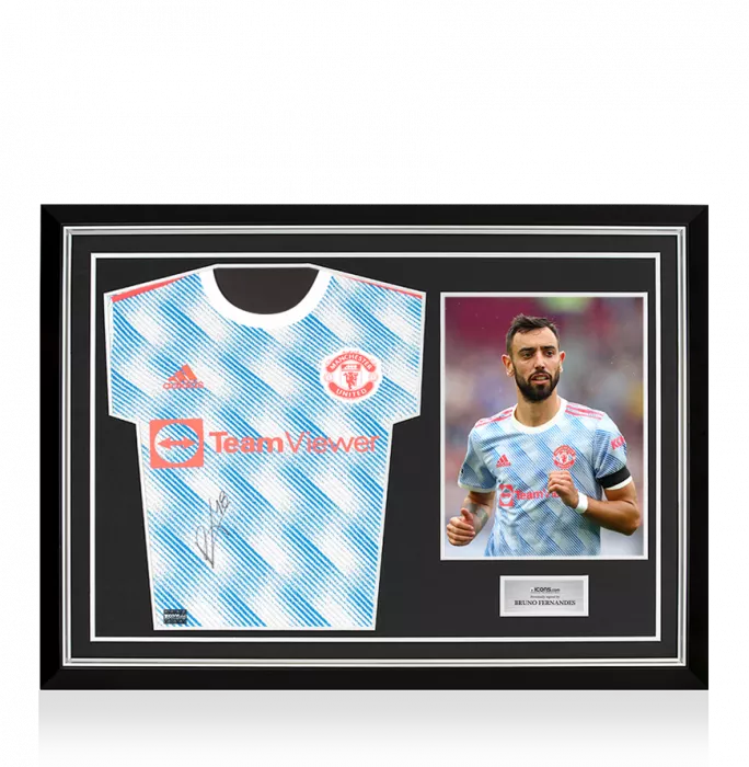 icons Bruno Fernandes Front Signed Manchester United 2021-22 Away Shirt In Hero Frame: Option 1