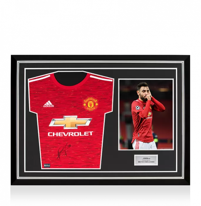 icons Bruno Fernandes Front Signed Manchester United 2020-21 Home Shirt In Hero Frame: Option 1