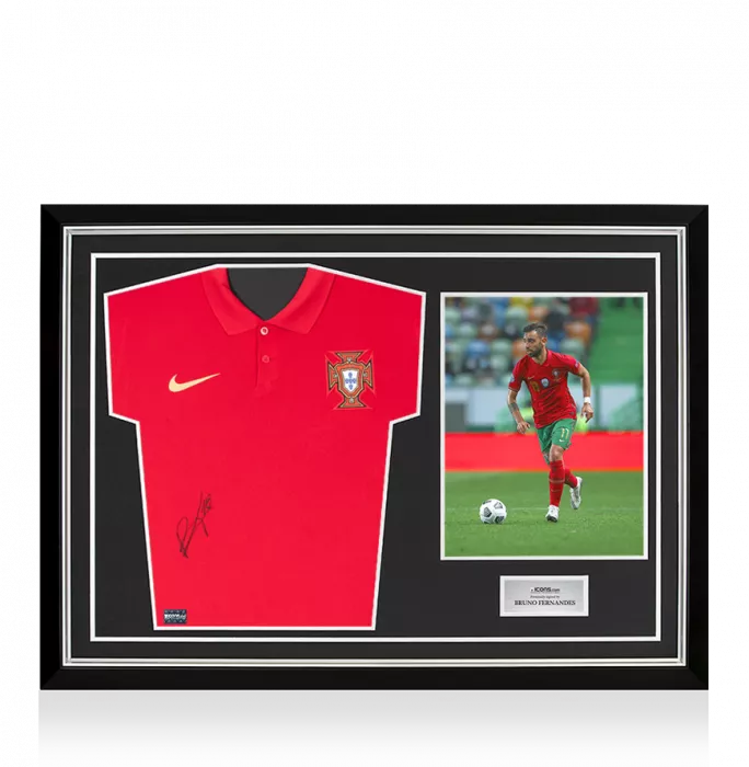 icons Bruno Fernandes Front Signed Portugal 2020-21 Home Shirt In Hero Frame: Option 1