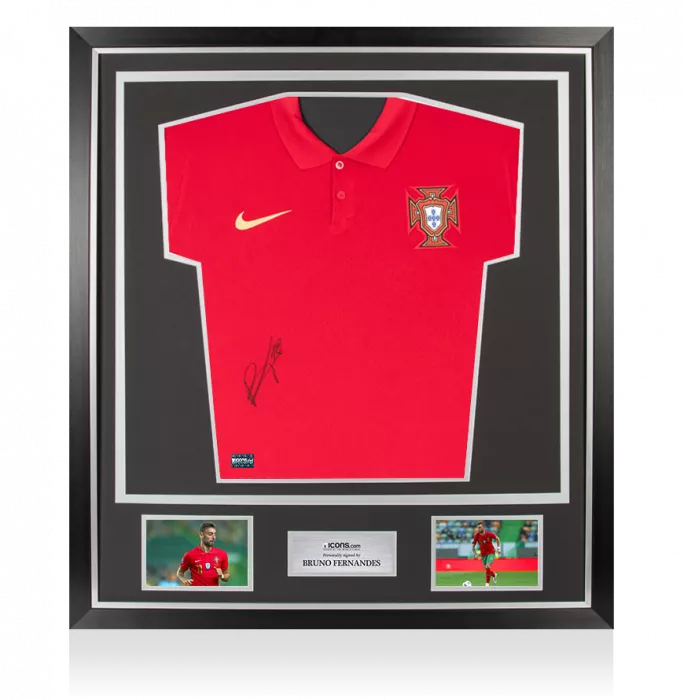 icons Bruno Fernandes Front Signed Portugal 2020-21 Home Shirt In Classic Frame