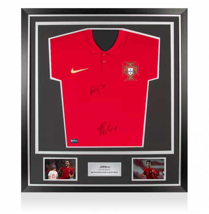 icons Bruno Fernandes & Joao Felix Signed Portugal 2020-21 Home Shirt: Fernandes "18" Edition In Classic Frame