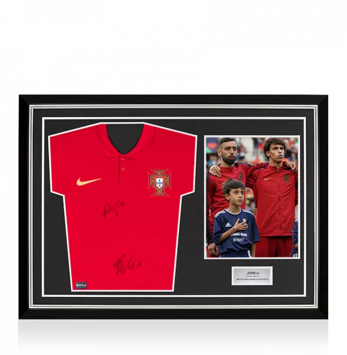 icons Bruno Fernandes & Joao Felix Signed Portugal 2020-21 Home Shirt: Fernandes "18" Edition In Hero Frame: Option 1