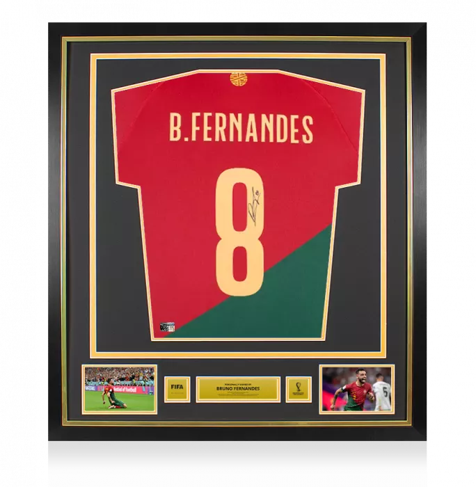 icons Bruno Fernandes Official 2022 FIFA World Cup™ Back Signed and Framed Portugal 2022-23 Home Shirt With Fan Style Numbers