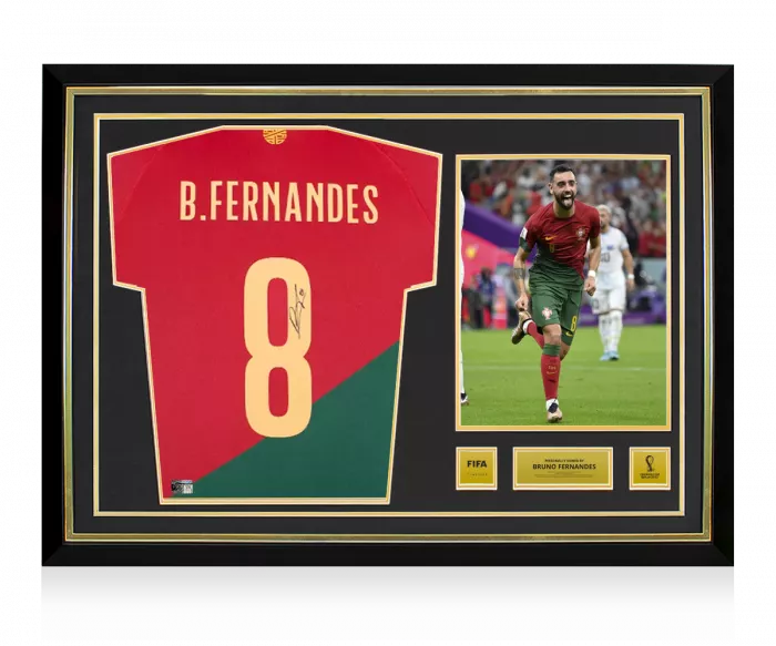 icons Bruno Fernandes Official 2022 FIFA World Cup™ Back Signed and Hero Framed Portugal 2022-23 Home Shirt With Fan Style Numbers