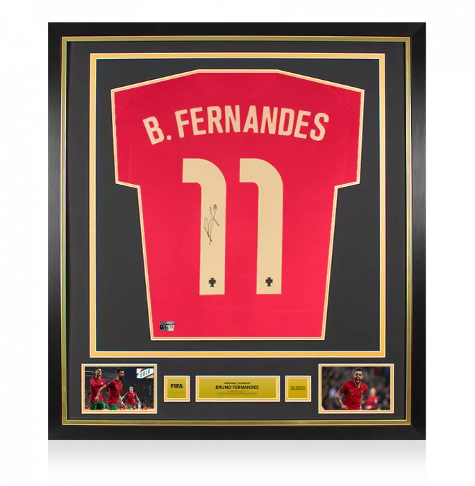 icons Bruno Fernandes Official FIFA World Cup™ Back Signed and Framed Portugal 2020-21 Home Shirt