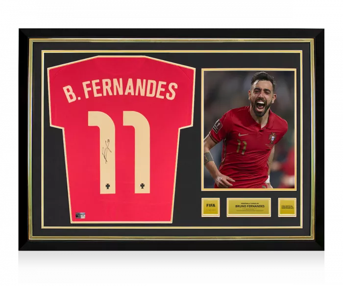 icons Bruno Fernandes Official FIFA World Cup™ Back Signed and Hero Framed Portugal 2020-21 Home Shirt