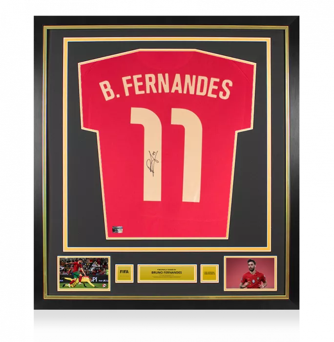 icons Bruno Fernandes Official FIFA World Cup™ Signed and Framed Portugal 2020-21 Home Shirt With Fan Style Numbers