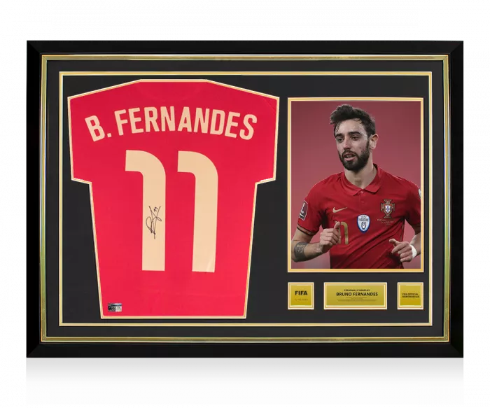 icons Bruno Fernandes Official FIFA World Cup™ Signed and Hero Framed Portugal 2020-21 Home Shirt With Fan Style Numbers
