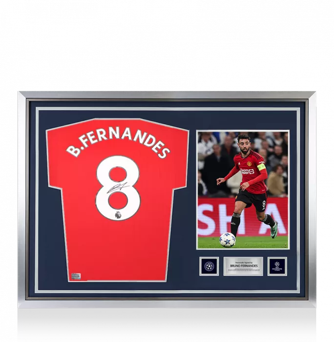 icons Bruno Fernandes Official UEFA Champions League Back Signed and Hero Framed Manchester United 2022-23 Home Shirt