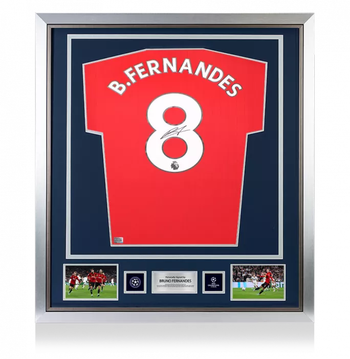 icons Bruno Fernandes Official UEFA Champions League Back Signed and Framed Manchester United 2022-23 Home Shirt
