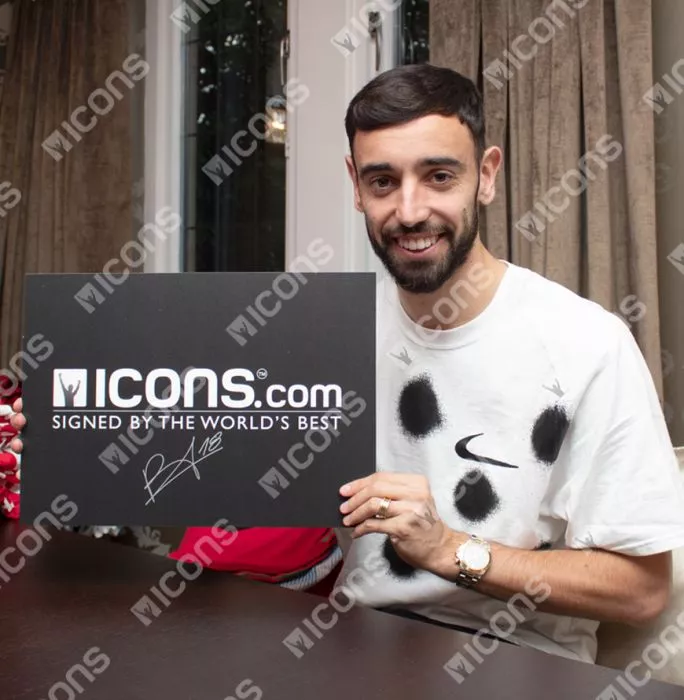 Icons Bruno Fernandes Official UEFA Europa League Signed Manchester United 2021-22 Home Shirt With Fan Style Numbers