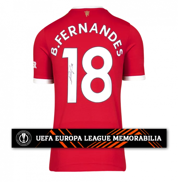 icons Bruno Fernandes Official UEFA Europa League Signed Manchester United 2021-22 Home Shirt With Fan Style Numbers