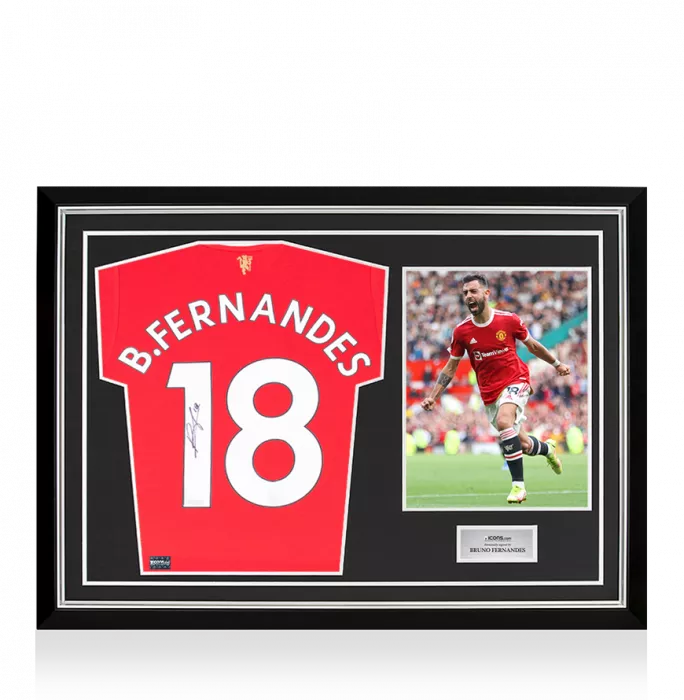 icons Bruno Fernandes Signed Manchester United 2021-22 Home Shirt With Fan Style Numbers In Hero Frame: Option 1