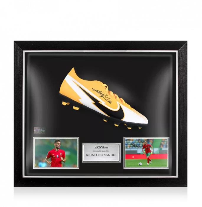 icons Bruno Fernandes Signed Orange and White Mercurial Vapor Boot In Bubble Frame: Portugal Option