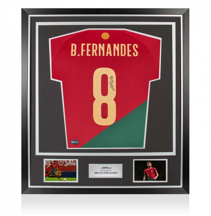 icons Bruno Fernandes Signed Portugal 2022-23 Home Shirt With Fan Style Numbers In Classic Frame