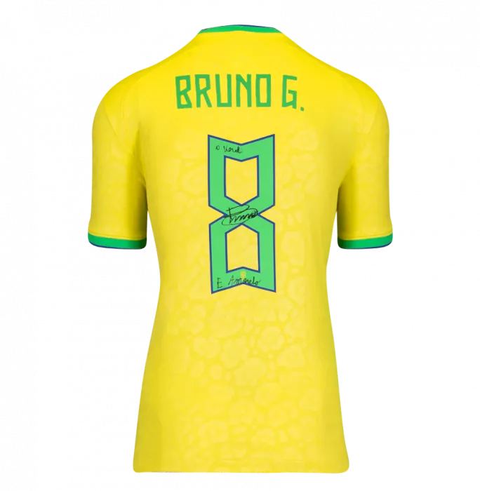 Icons Bruno Guimarães Back Signed Brazil 2022 Home Shirt - O Verde E Amanelo Inscription In Hero Frame: Option 1