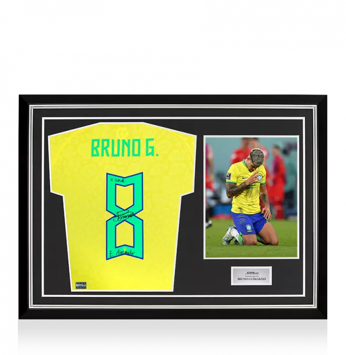 icons Bruno Guimarães Back Signed Brazil 2022 Home Shirt - O Verde E Amanelo Inscription In Hero Frame: Option 1