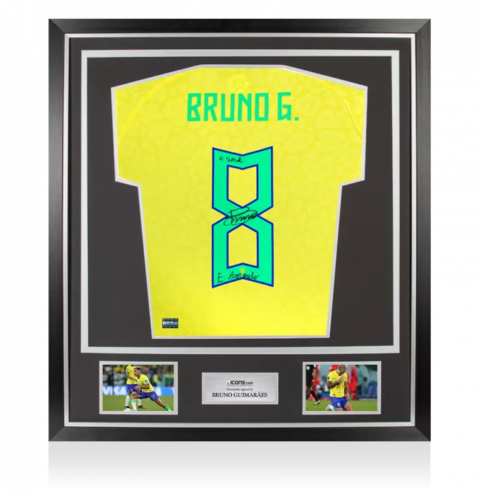 icons Bruno Guimarães Back Signed Brazil 2022 Home Shirt - O Verde E Amanelo Inscription In Classic Frame