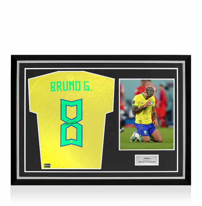 icons Bruno Guimarães Back Signed Brazil 2022 Home Shirt In Hero Frame: Option 1