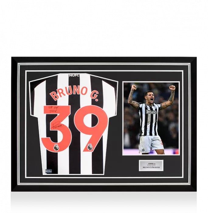icons Bruno Guimarães Back Signed Newcastle United 2023-24 Home Shirt - Up The Toon Inscription In Hero Frame: Option 1