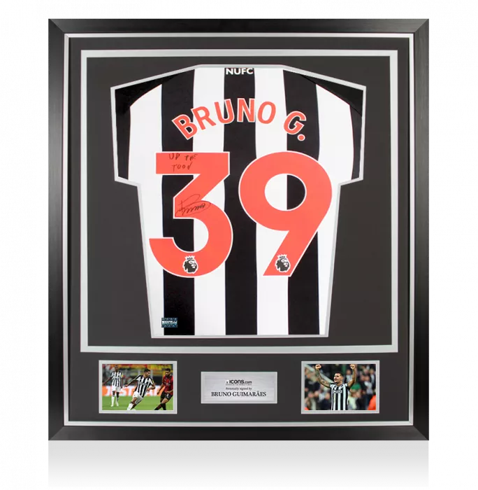 icons Bruno Guimarães Back Signed Newcastle United 2023-24 Home Shirt - Up The Toon Inscription In Classic Frame