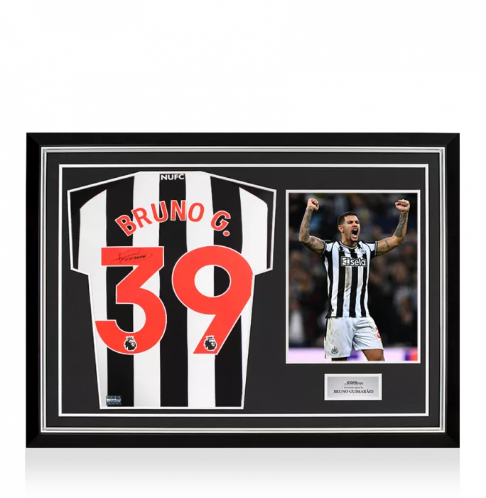 icons Bruno Guimaraes Back Signed Newcastle United 2023-24 Home Shirt In Hero Frame: Option 1