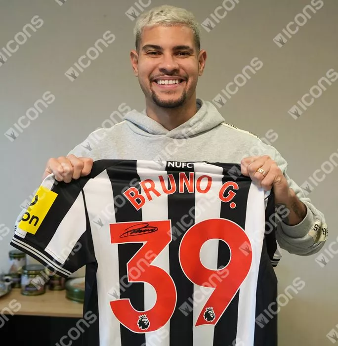 Icons Bruno Guimaraes Back Signed Newcastle United 2023-24 Home Shirt In Classic Frame
