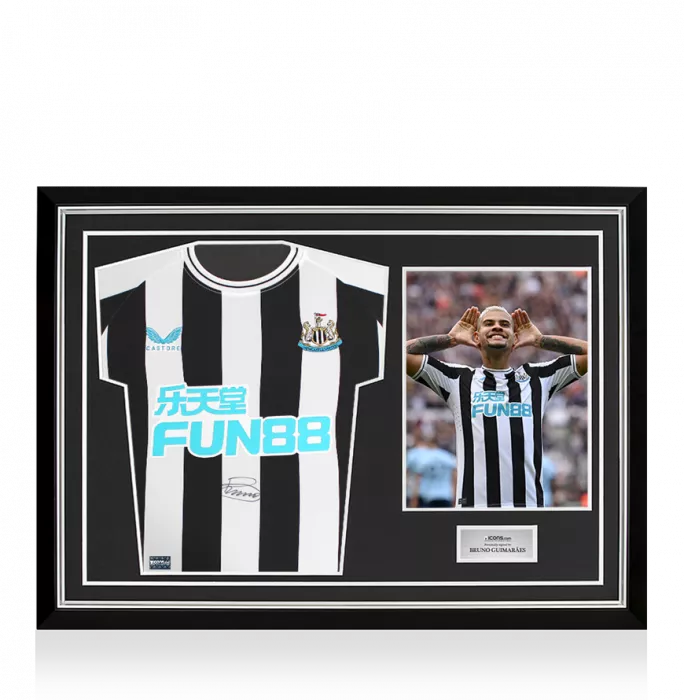 icons Bruno Guimarães Front Signed Newcastle United 2022-23 Home Shirt In Hero Frame: Option 1
