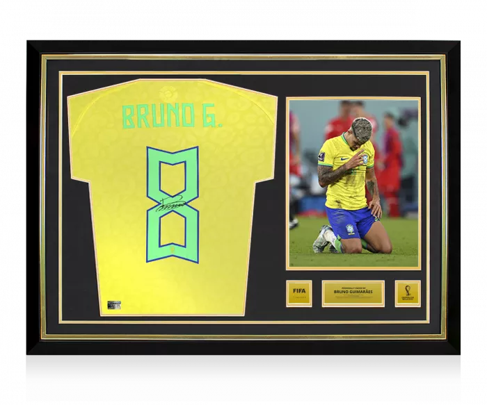 icons Bruno Guimaraes Official 2022 FIFA World Cup™ Back Signed and Hero Framed Brazil 2022 Home Shirt